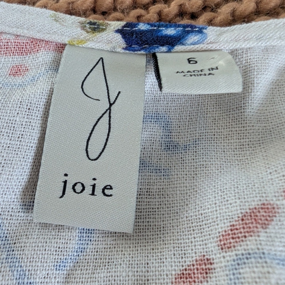 Joie Mixed Print Tie Front Cropped Button Up Blouse Women's Size 6 Linen Blend - Picture 6 of 8